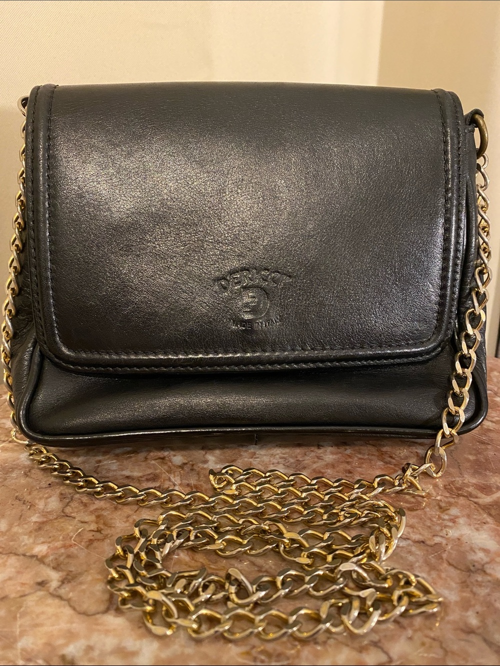 Fabio Dericci Black Leather Crossbody Bag with Gold Chain- made In Italy